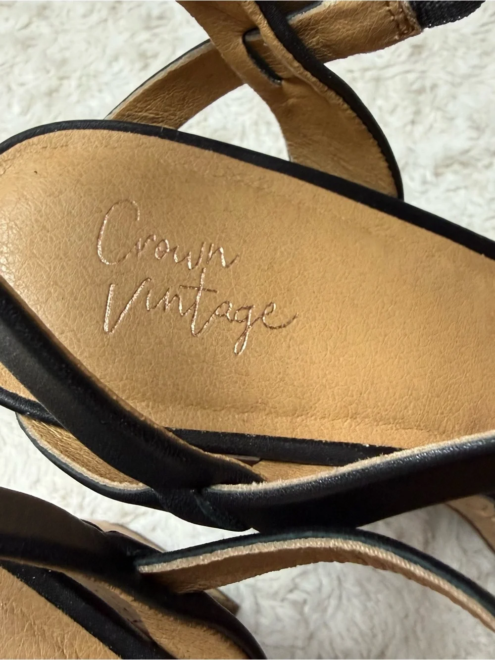 Crown Vintage Black Strappy Cork Platform Heels